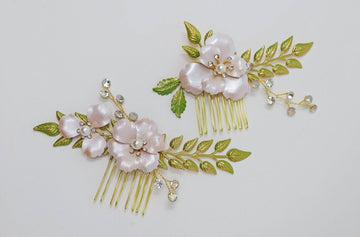 Swarovski Crystals, Pearls, Rhinestones Pink Flower With Green Leaves Bridal Hair piece, Bridal Hair Accessories, Wedding Hair Accessory.